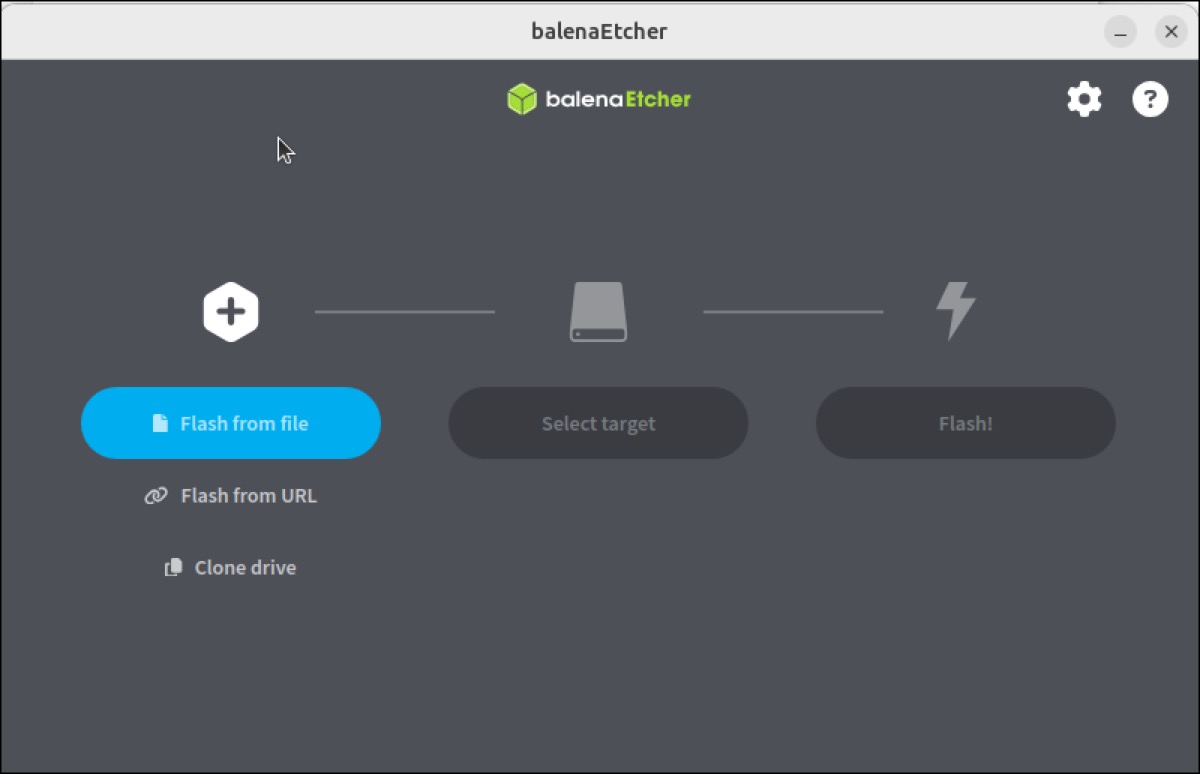 balenaEtcher showing Flash from file, Select target, and Flash steps for writing a server OS image to a USB stick