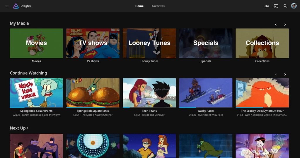 Jellyfin home screen showing movie and TV show libraries with continue watching rows