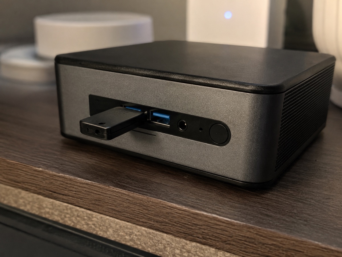 Mini PC with a USB installer plugged into the front USB port before booting into the operating system installer