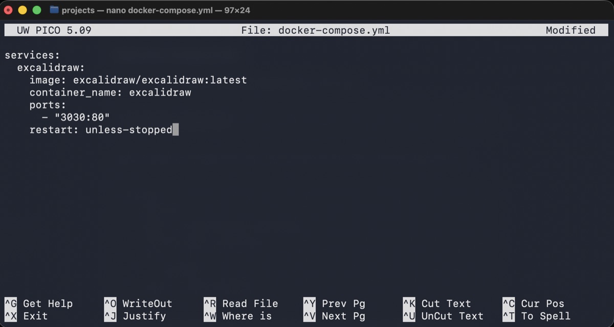 Editing docker-compose.yml for Excalidraw in nano Nano editor showing a docker-compose.yml file for Excalidraw with image, container name, ports, and restart settings