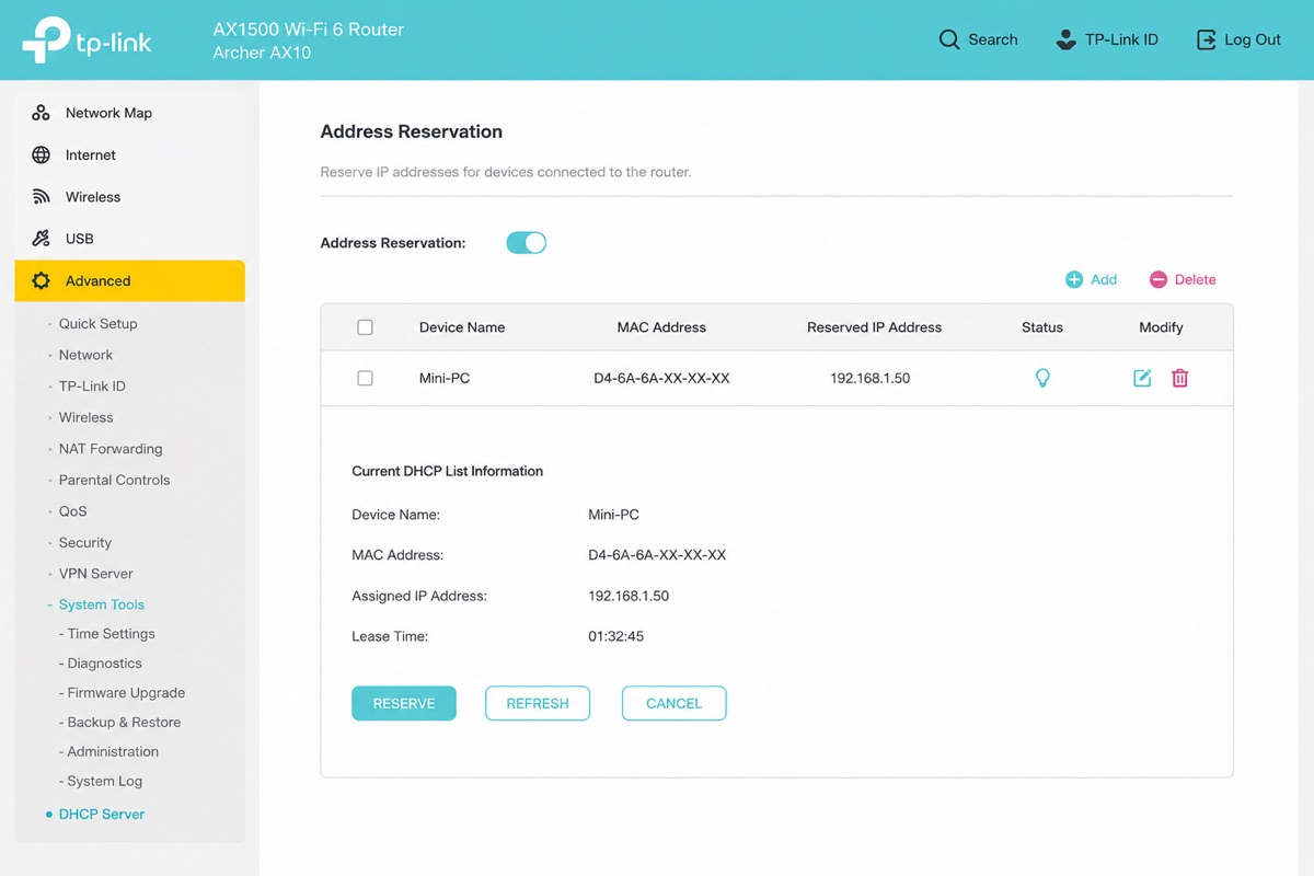 Router address reservation screen showing a Mini-PC device reserved at 192.168.1.50