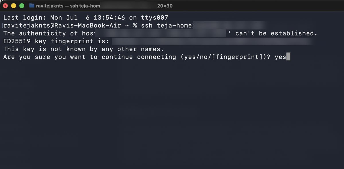 First SSH connection prompt with sensitive values blurred Terminal showing the first SSH connection prompt with the server IP address and fingerprint value blurred