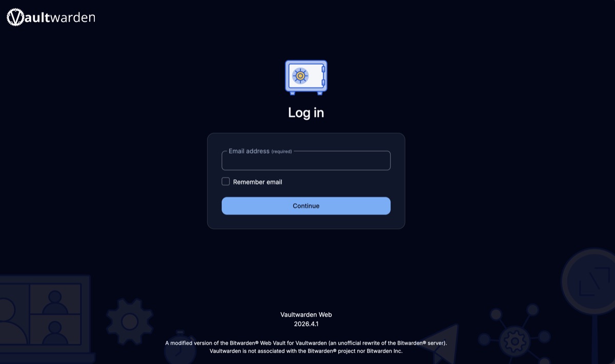 Vaultwarden web login screen running on a self-hosted password manager